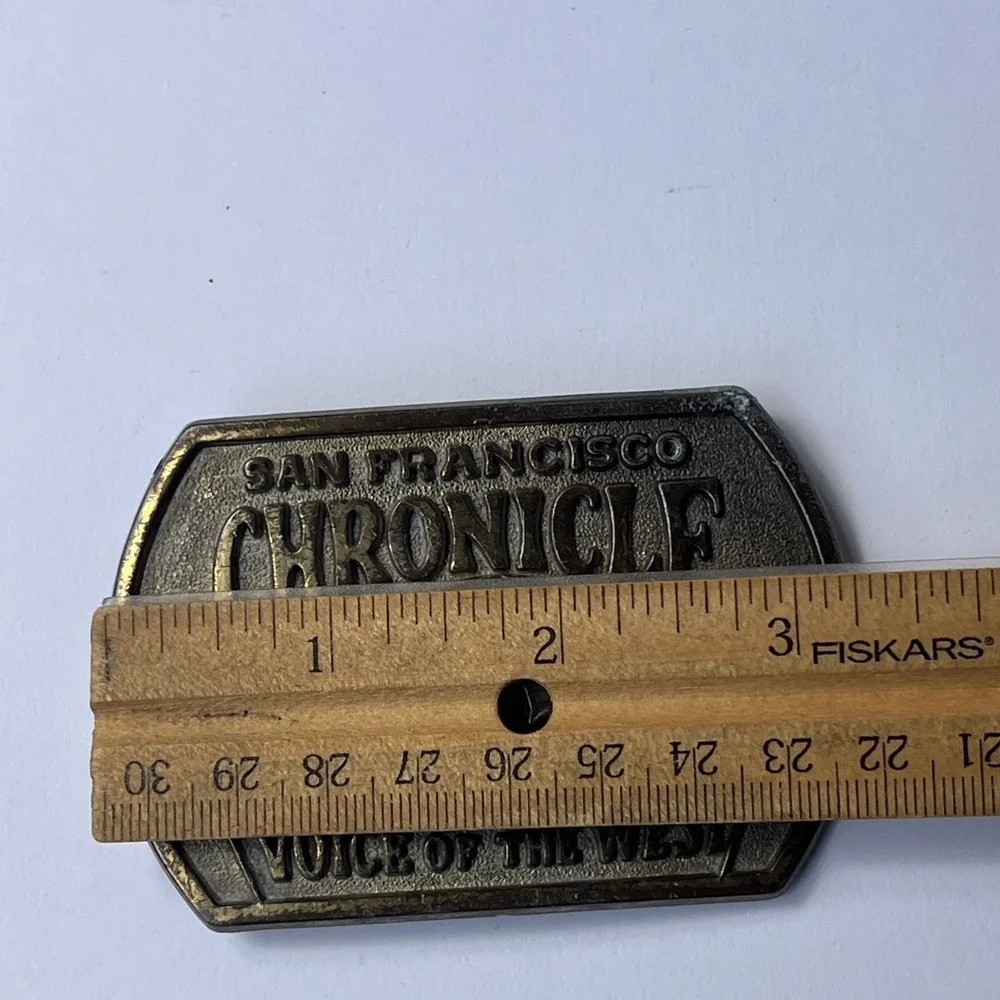 VTG 1970's San Francisco Chronicle Voice Of The West Brass Belt Buckle 3 3/8